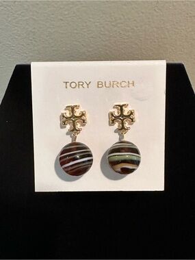 Tory Burch Gold Logo Earrings with Striped multicolored Beads